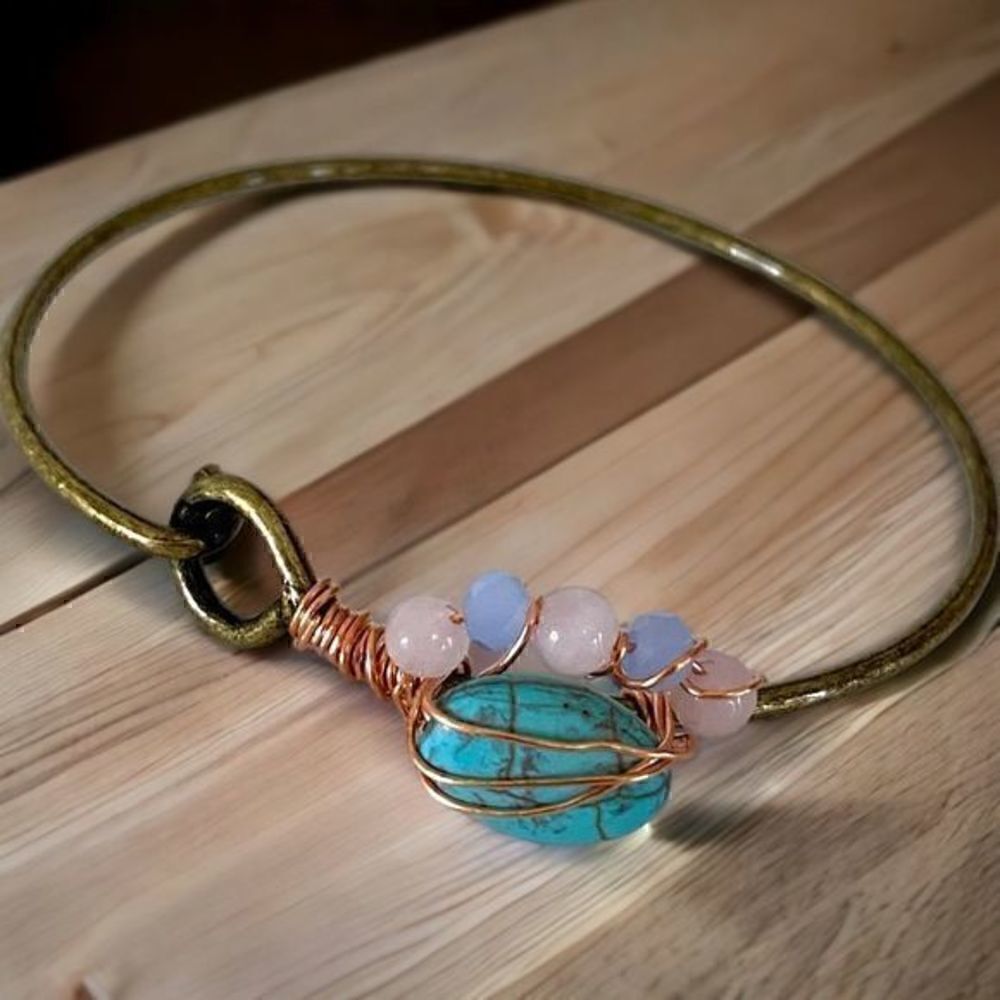 Turquoise magnesite, rose Quartz &crystal wrapped copper wire unisex bracelet.